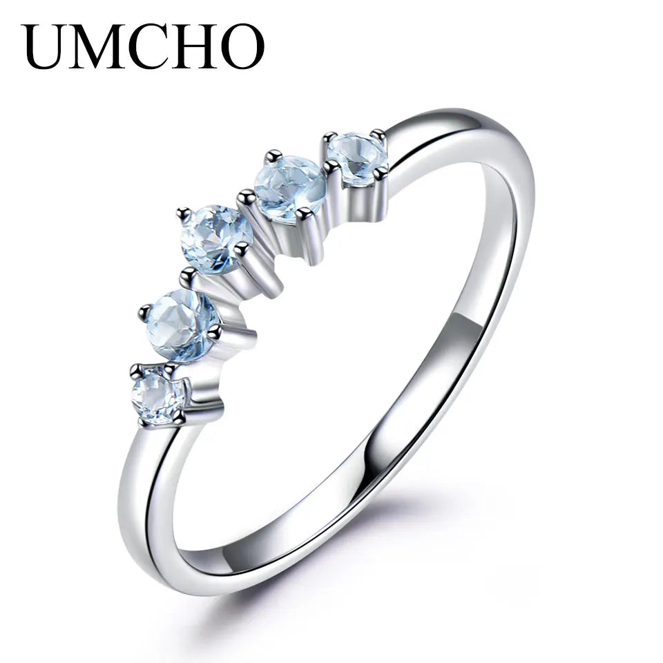 UMCHO Genuine Natural Sky Blue Topaz Ring For Women 925 Sterling Silver Engagement Wedding Stacking Ring Fine Jewelry New Gift