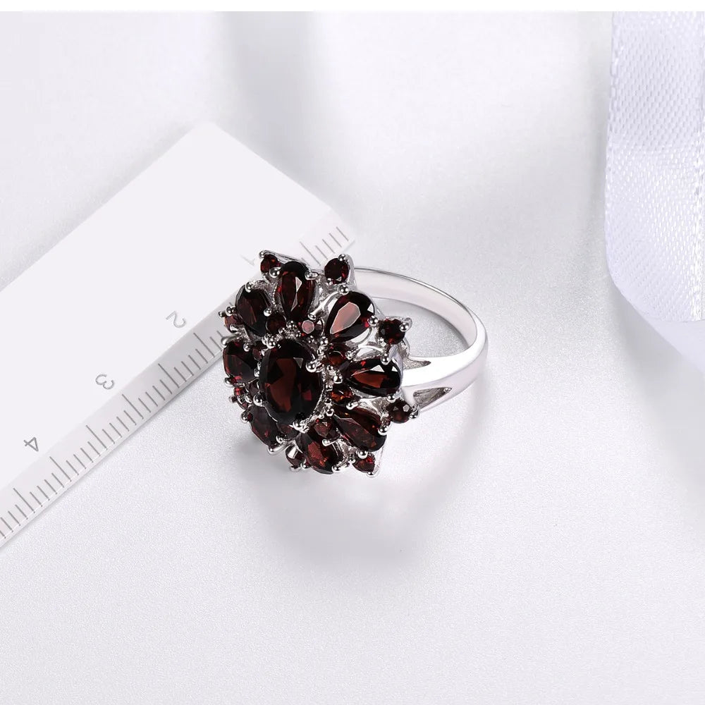 Silver Garnet Ring 925 Jewelry Gemstone 7.54ct Natural Black Garnet Rings for Women's Fine Jewelry Classic Design Christmas Gift