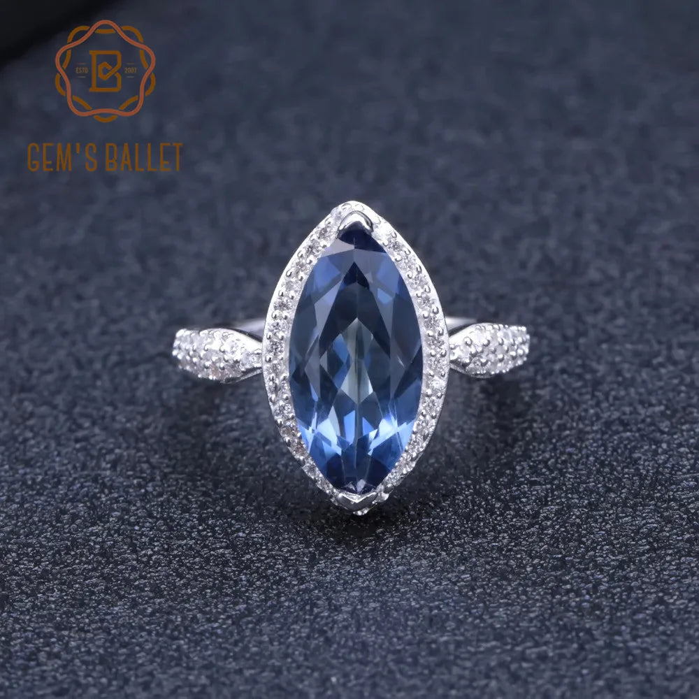 GEM'S BALLET 4.11Ct Marquise Solid Natural Iolite Blue Mystic Quartz Rings 925 Sterling Silver Fine Ring for Women Jewelry Gift