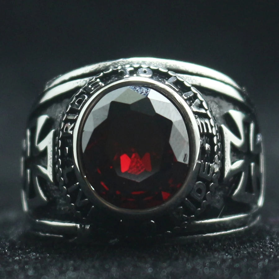 Rider Motorcycle Style Unisex 316L Stainless Steel Cool Ride To Live, Live To Live Cross Red Stone Classic Biker Ring