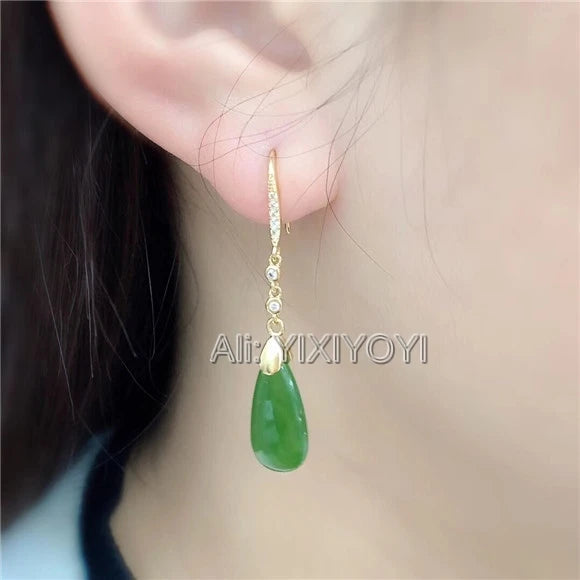 Beautiful 925 Silver Green HeTian Jade Oval Dropping Beads Drop Dangle Gold Earrings Girl's Lucky Charm Ear Jewelry Certificate