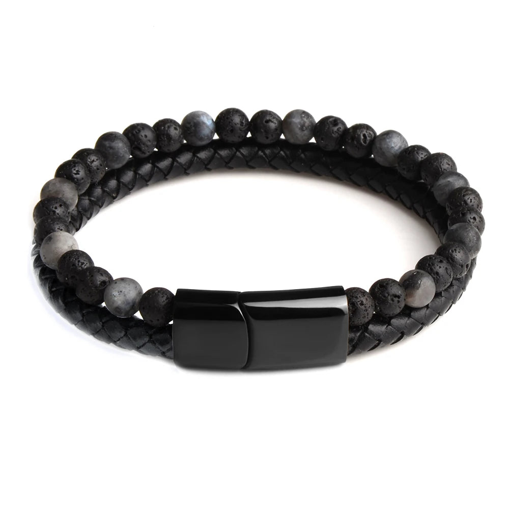 Natural Stone Bracelet Genuine Leather Braided Bracelets Black Stainless Steel Magnetic Clasp Tiger eye Bead Bangle Men Jewelry Lava