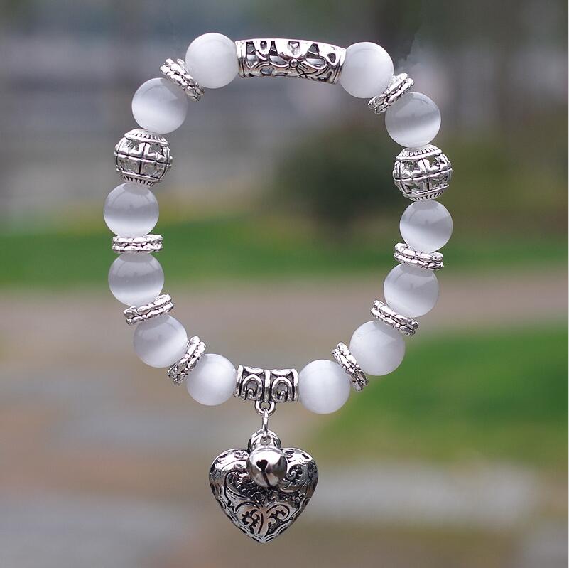 10mm Opal Obsidian Tiger Eye Natural Stone Bracelet with Heart Pendant Charms Strand Bracelet DIY Beaded Bracelet for Women Men sliver gray