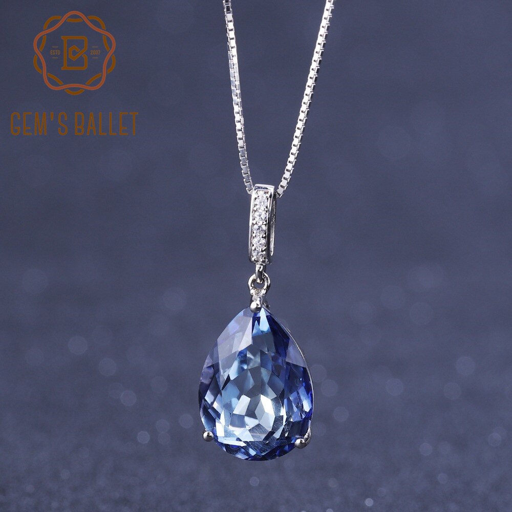GEM&#39;S BALLET 10.68Ct Natural Iolite Blue Mystic Quartz Water Drop Pendant Necklace 925 Sterling Silver Fine Jewelry for Women