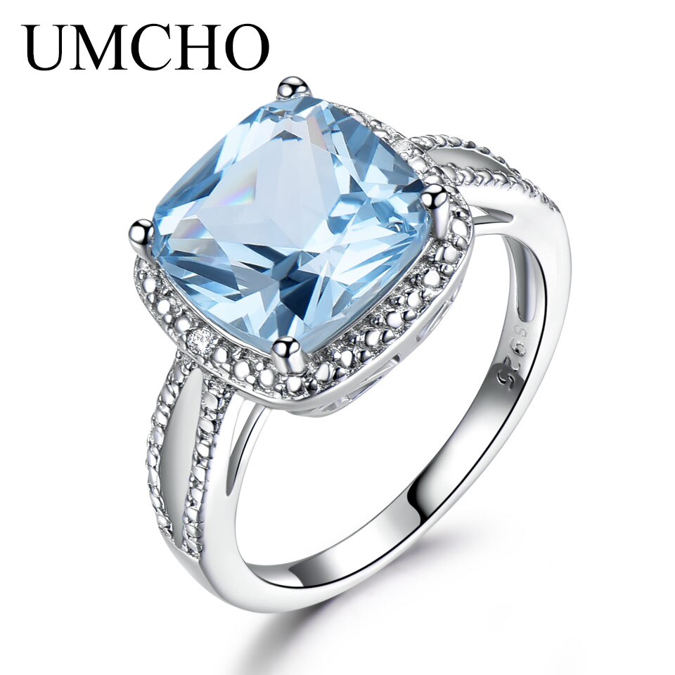 UMCHO Real 925 Sterling Silver Rings For Women Gemstone Aquamarine Sky Blue Topaz Ring Cushion Romantic Gift Engagement Jewelry 6 Sky blue topaz