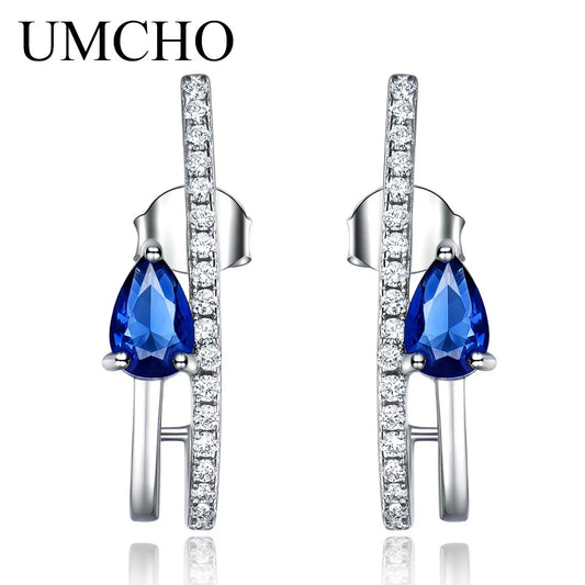 UMCHO Solid 925 Sterling Silver Drop Earrings for Women Blue Sapphire Gemstone Earrings Wedding Fine Jewelry Simple Party Gift