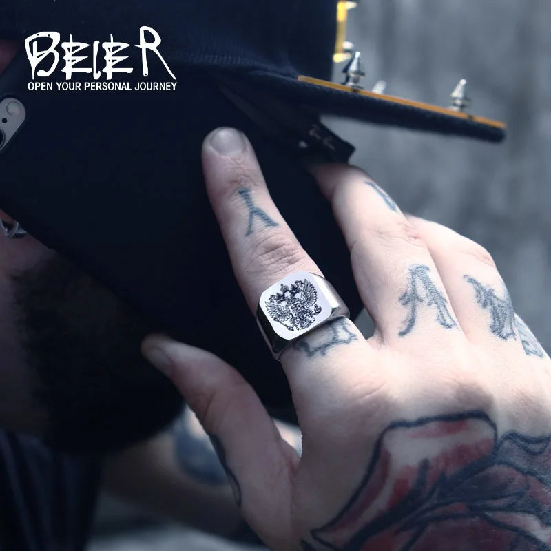 Beier Polished Stainless Steel ring Band Biker Men's ring a coat of arms of the Russian Signet Ring Fashion Jewelry