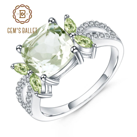 GEM'S BALLET 3.47Ct Natural Green Prasiolite Amethyst Ring 925 Sterling Sliver Wedding Engagement Rings For Women Fine Jewelry