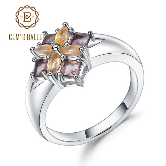 Gem's Ballet Multicolor Natural Smoky Quartz Citrine Cocktail Ring 925 Sterling Silver Flower Rings For Women Fine Jewelry CHINA