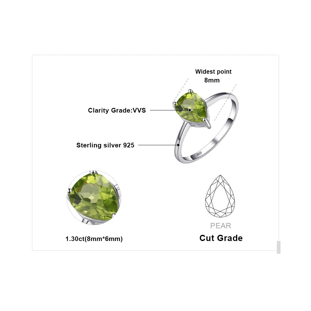 JewelryPalace Pear 1.3ct Natural Green Peridot 925 Sterling Silver Solitaire Ring for Woman Gemstone Jewelry Anniversary Gift