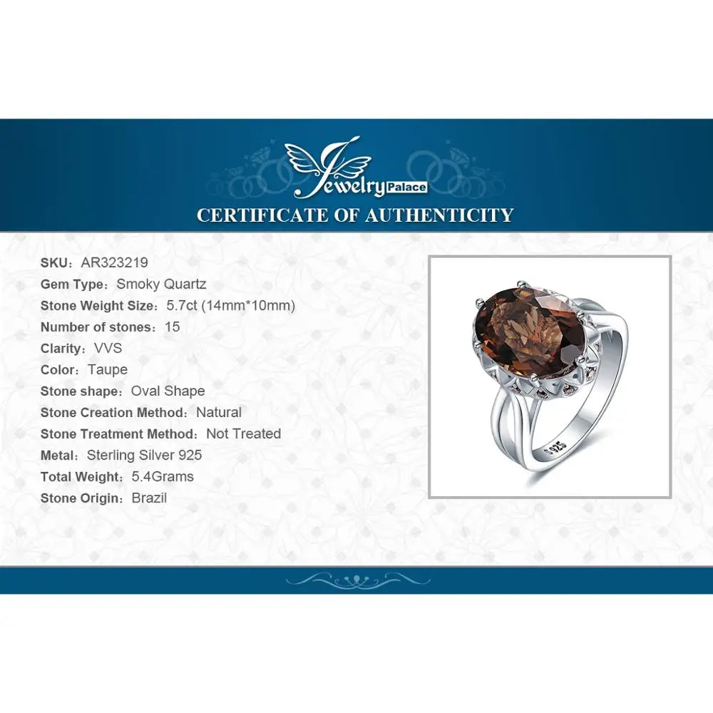 JewelryPalace Large 5.7ct Genuine Oval Smoky Quartz 925 Sterling Silver Big Gemstone Cocktail Statement Rings for Women Jewelry