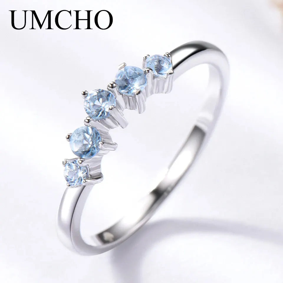 UMCHO Genuine Natural Sky Blue Topaz Ring For Women 925 Sterling Silver Engagement Wedding Stacking Ring Fine Jewelry New Gift