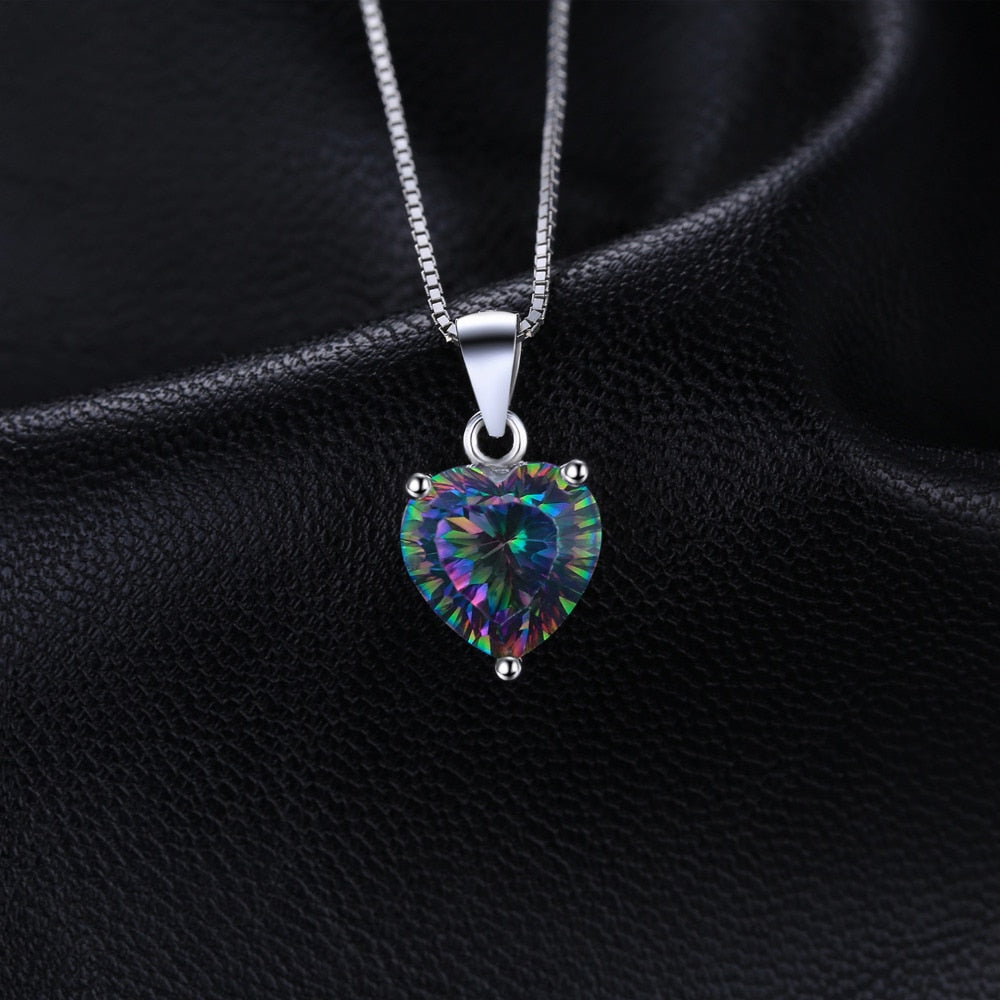 JewelryPalace Heart Natural Rainbow Fire Mystic Quartz 925 Sterling Silver Pendant Necklace for Women Gemstone Choker No Chain