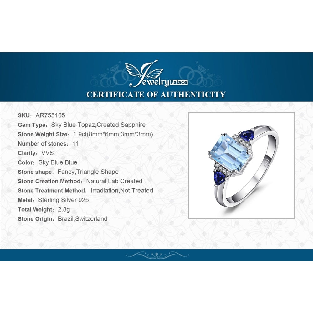 JewelryPalace 1.9ct Sky Blue Topaz Created Sapphire 925 Sterling Silver 3 Stone Ring for Woman Fashion Gemstone Jewelry Gift