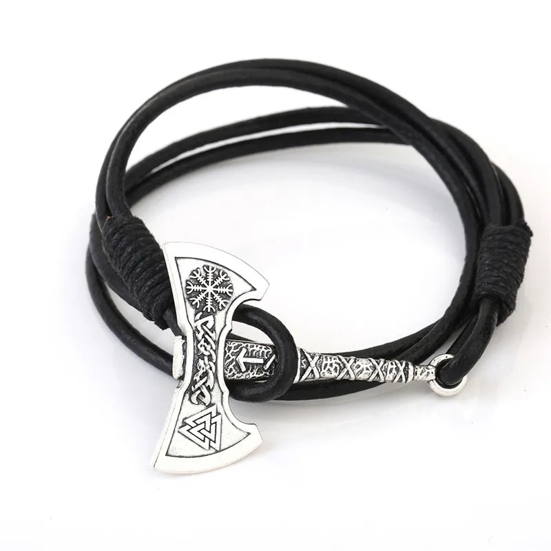 Teamer Mens Bracelet Axe Wrap Viking Bracelet for Men Leather Accessories Silver Color Hatchet Handmade Pirate Bracelet For Male black double axe