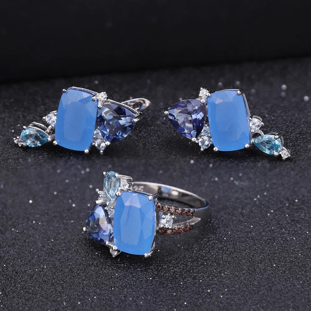 GEM'S BALLET Natural Aqua blue Calcedony Rings 925 Sterling Silver Gemstone Vintage Ring for Women Bijoux Fine Jewelry
