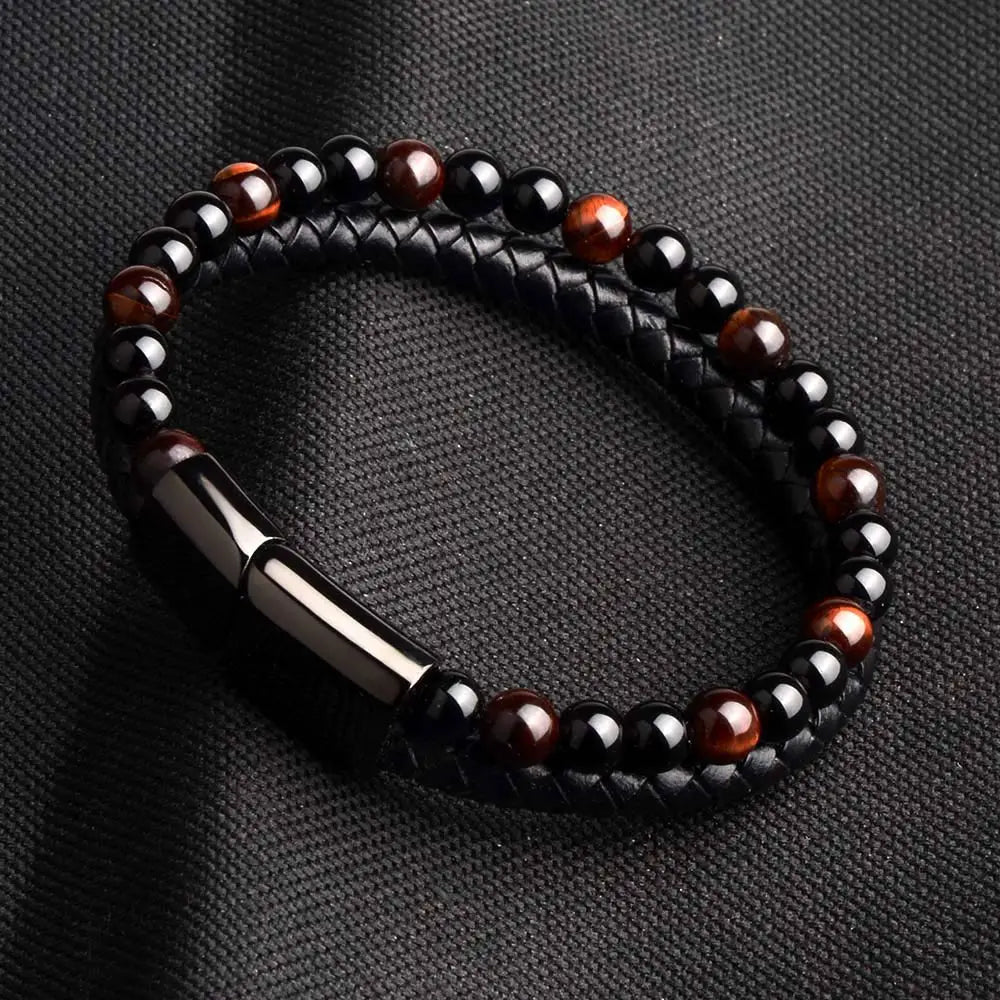 Natural Stone Bracelet Genuine Leather Braided Bracelets Black Stainless Steel Magnetic Clasp Tiger eye Bead Bangle Men Jewelry