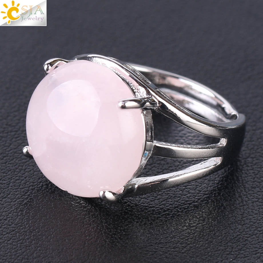 CSJA Crystal Ring for Women Natural Stone Ring Round Beads Finger Rings Amethysts Purple Quartz Silver Color Party Jewelry F476 Rose Quartz