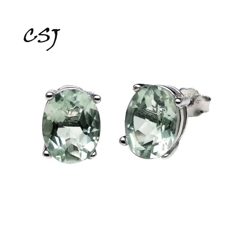 CSJ 925 Sterling Silver Fine Jewelry Real Natural Green Amethyst simple good Earring Women Lady Wedding Engagment Party Gift