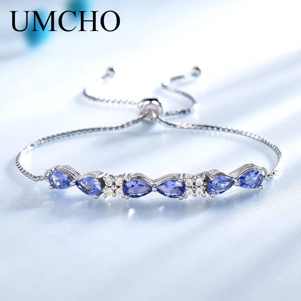 UMCHO Pure 925 Sterling Silver Bracelets Bangles For Women Tanzanite Adjustable Tennis Bracelet Female Jewelry Christmas GIft