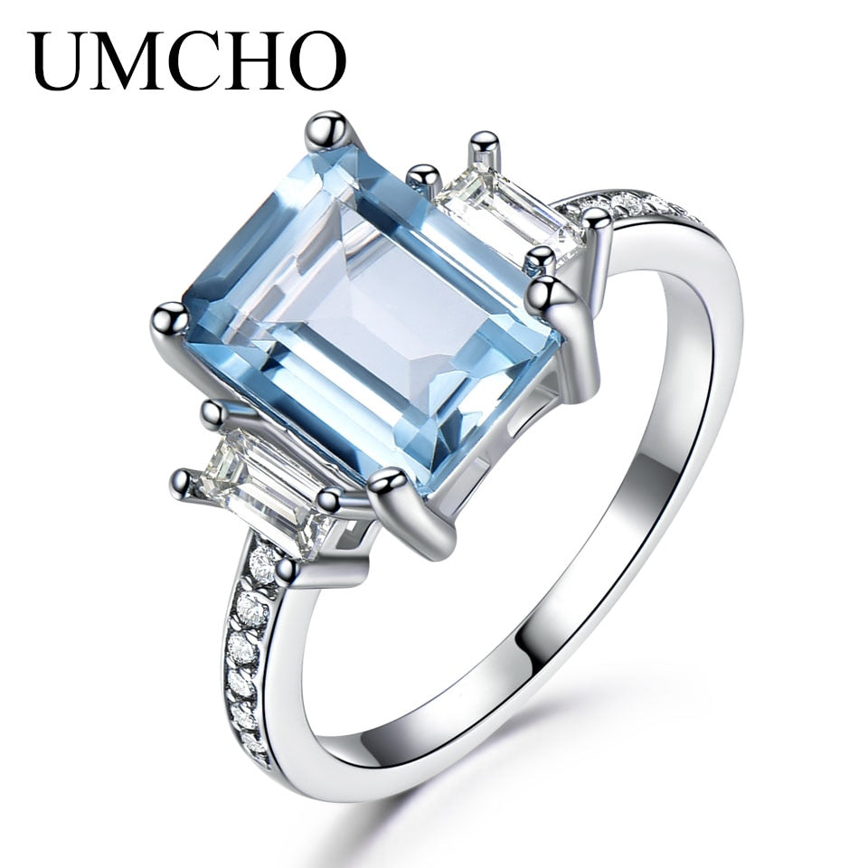 UMCHO Blue Topaz Gemstone Rings for Women Genuine 925 Sterling Silver Aquamarine Ring Romantic Wedding Engagement Fine Jewelry China Sky Blue Topaz