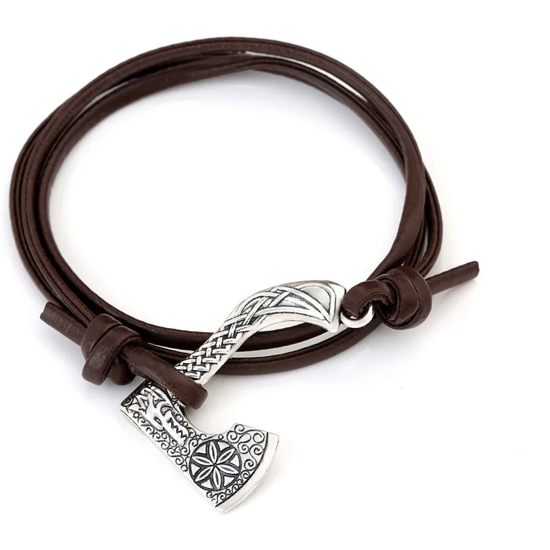 Teamer Mens Bracelet Axe Wrap Viking Bracelet for Men Leather Accessories Silver Color Hatchet Handmade Pirate Bracelet For Male sliver brown 1