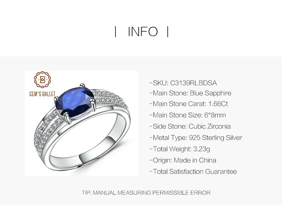 GEM'S BALLET 1.66Ct Oval Natural Blue Sapphire Gemstone Ring 925 Sterling Silver Wedding Rings for Women Classic Fine Jewelry