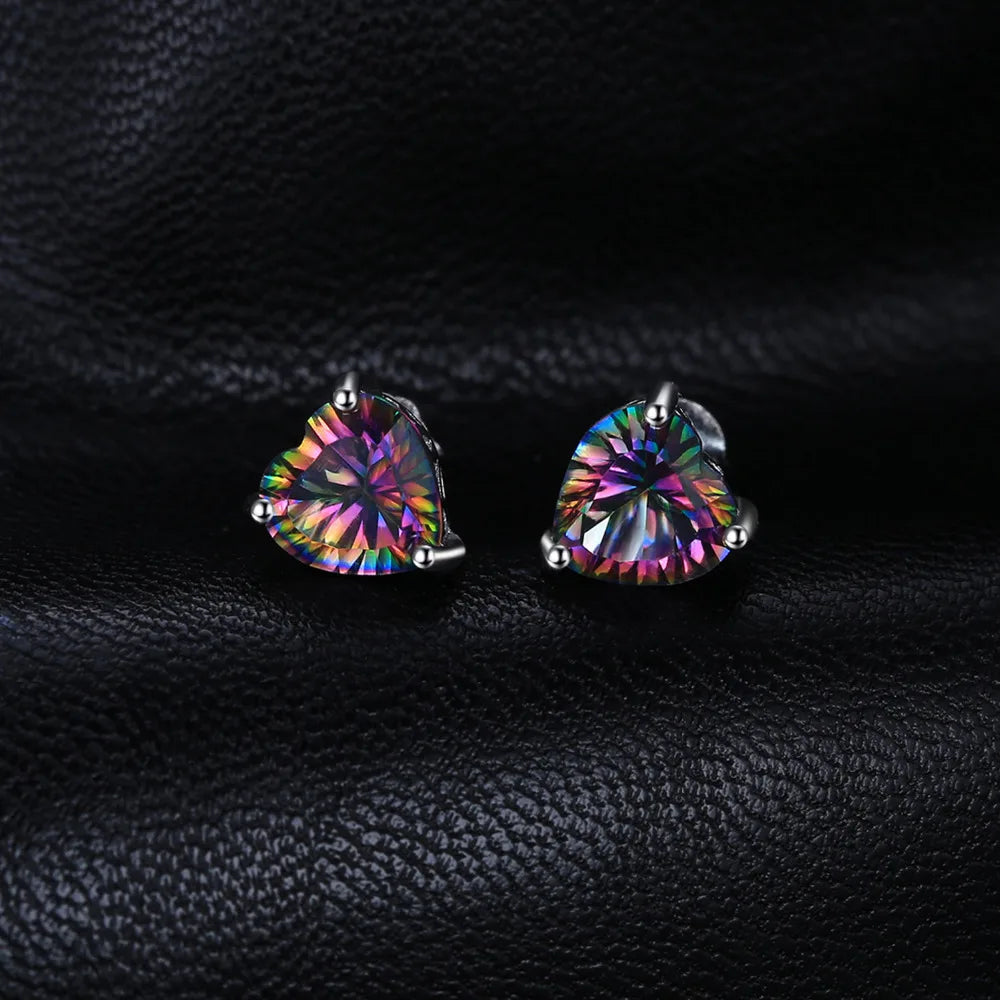 JewelryPalace Heart Natural Rainbow Fire Mystic Quartz 925 Sterling Silver Stud Earrings for Women Colorful Gemstone Jewelry