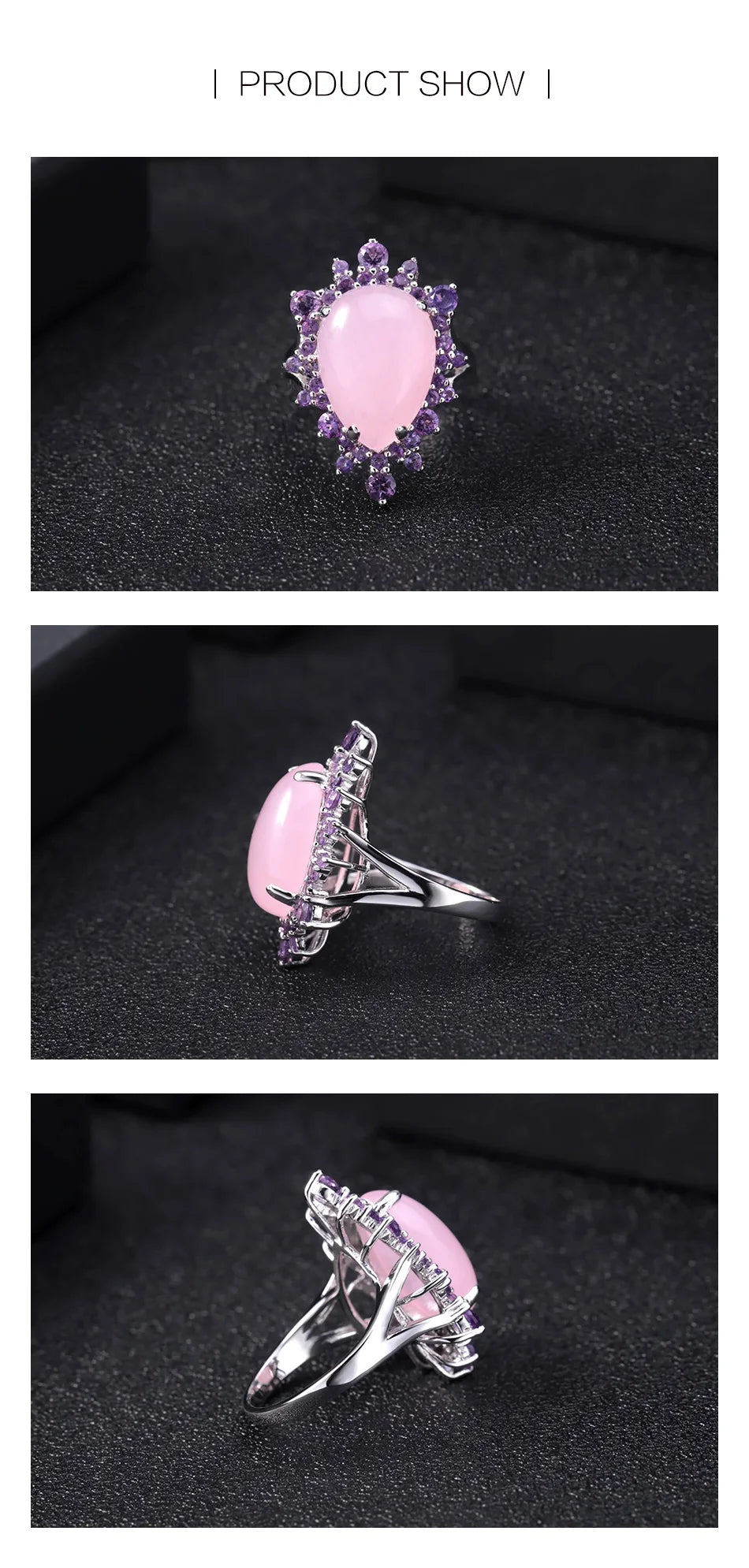 Anillo de calcedonia rosa natural de GEM'S BALLET, plata de ley 925, estilo vintage, con halo, para cóctel, joyería fina para mujer.