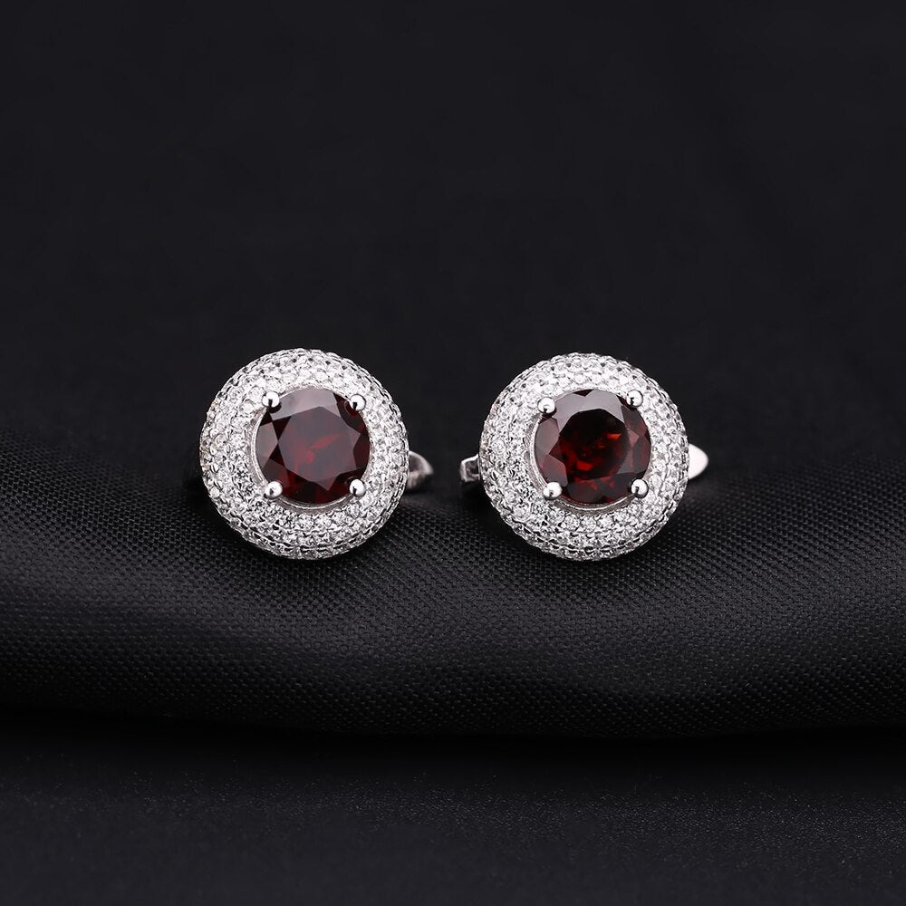 GEM&#39;S BALLET 4.73Ct Round Natural Red Garnet Wedding Earrings 925 Sterling Silver Gemstone Stud Earrings For Women Fine Jewelry