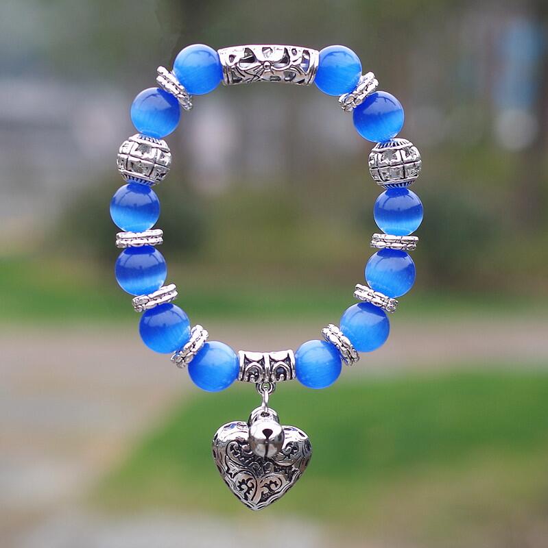 10mm Opal Obsidian Tiger Eye Natural Stone Bracelet with Heart Pendant Charms Strand Bracelet DIY Beaded Bracelet for Women Men light blue