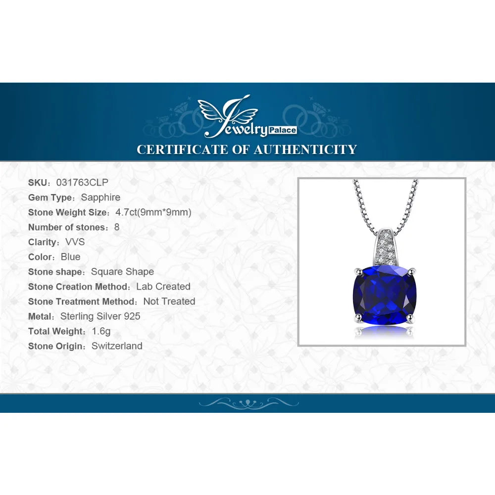 JewelryPalace Cushion 4.7ct Created Blue Sapphire 925 Sterling Silver Pendant Necklace for Women Gemstone Choker No Chain