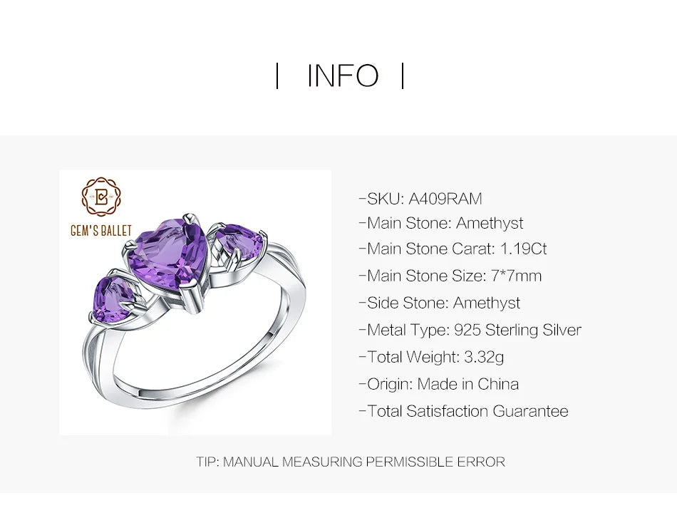 GEM'S BALLET 925 Sterling Silver February Birthstone Ring 1.71Ct Natural Amethyst Heart Rings For Women Valentine's Day Jewelry
