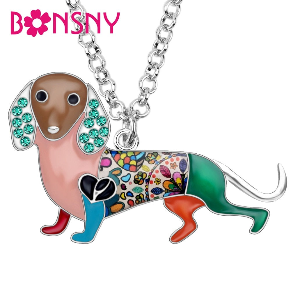 Bonsny Enamel Alloy Crystal Rhinestone Dachshund Dog Necklace Pendant Chain Choker Cartoon Animal Jewelry For Women Girls Gift