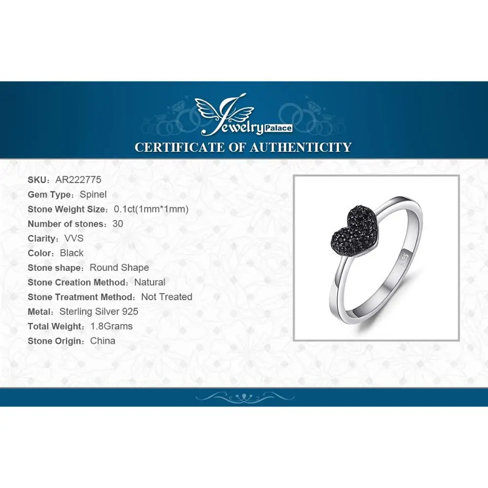 JewelryPalace Heart Love Ring 925 Sterling Silver Ring Girl Cute Natural Black Spinel Promise Ring Gemstones Jewelry for Women