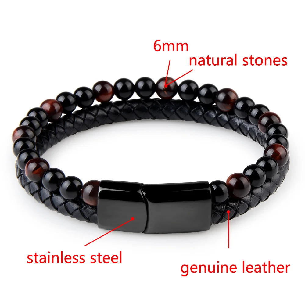 Natural Stone Bracelet Genuine Leather Braided Bracelets Black Stainless Steel Magnetic Clasp Tiger eye Bead Bangle Men Jewelry