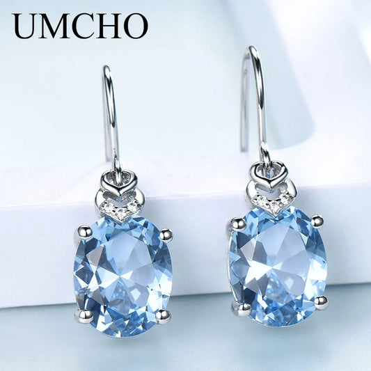 UMCHO Nano Blue Topaz Gemstone Earrings for Women 925 Sterling Silver Korean Drop Earrings Girls Trend Fashion Party Jewelry New