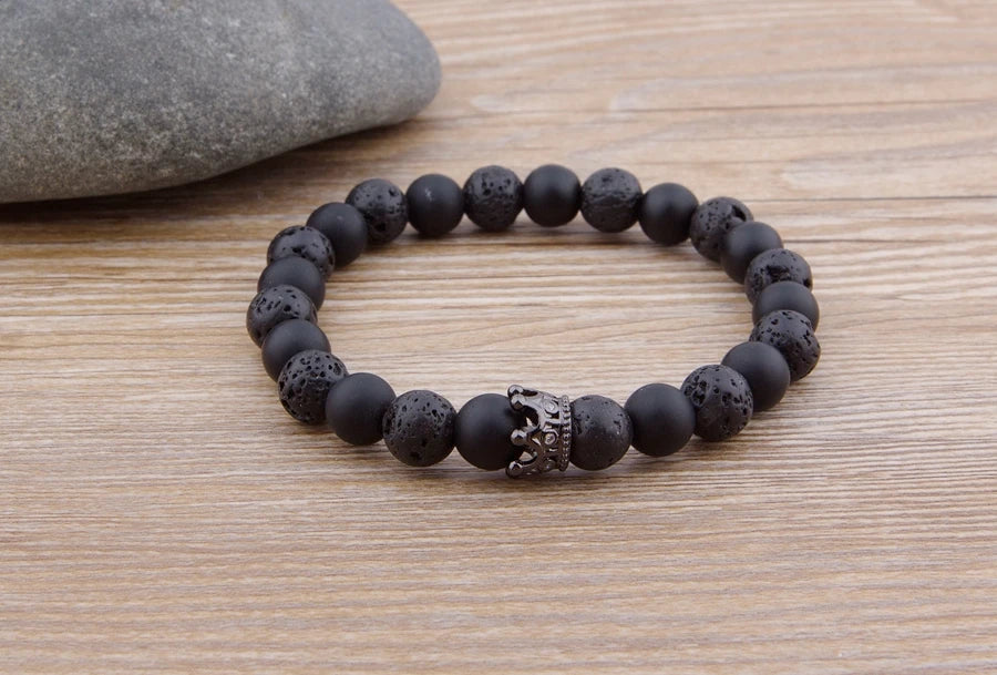 XQNI New Classic Interlocking Stitching Lava & Matte Onyx Stone with Crown Accessories Beads Bracelet Hand Jewelry For Women Men