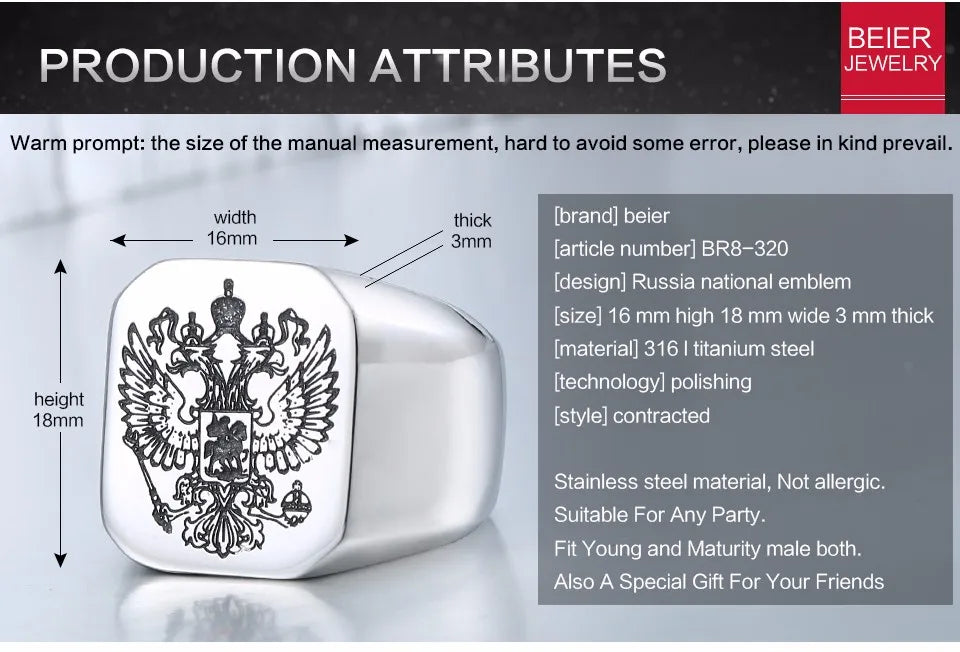 Beier Polished Stainless Steel ring Band Biker Men's ring a coat of arms of the Russian Signet Ring Fashion Jewelry