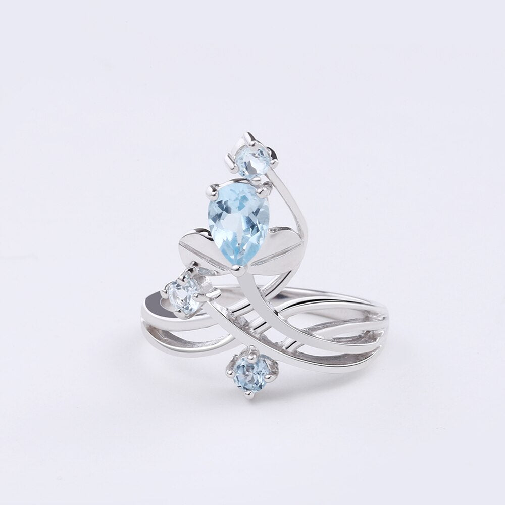 GEM&#39;S BALLET Natural Sky Blue Topaz Gemstone Jewelry Sets 925 Sterling Silver Cute Flower Earrings Ring Set For Girlfriend Gifts