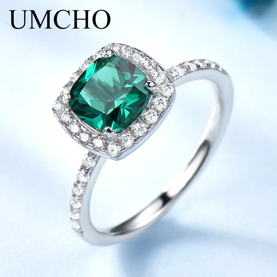 UMCHO Solid 925 Sterling Silver Rings For Women Emerald Ring Birthstone Green Gemstone Wedding Band Romantic Statement Jewelry