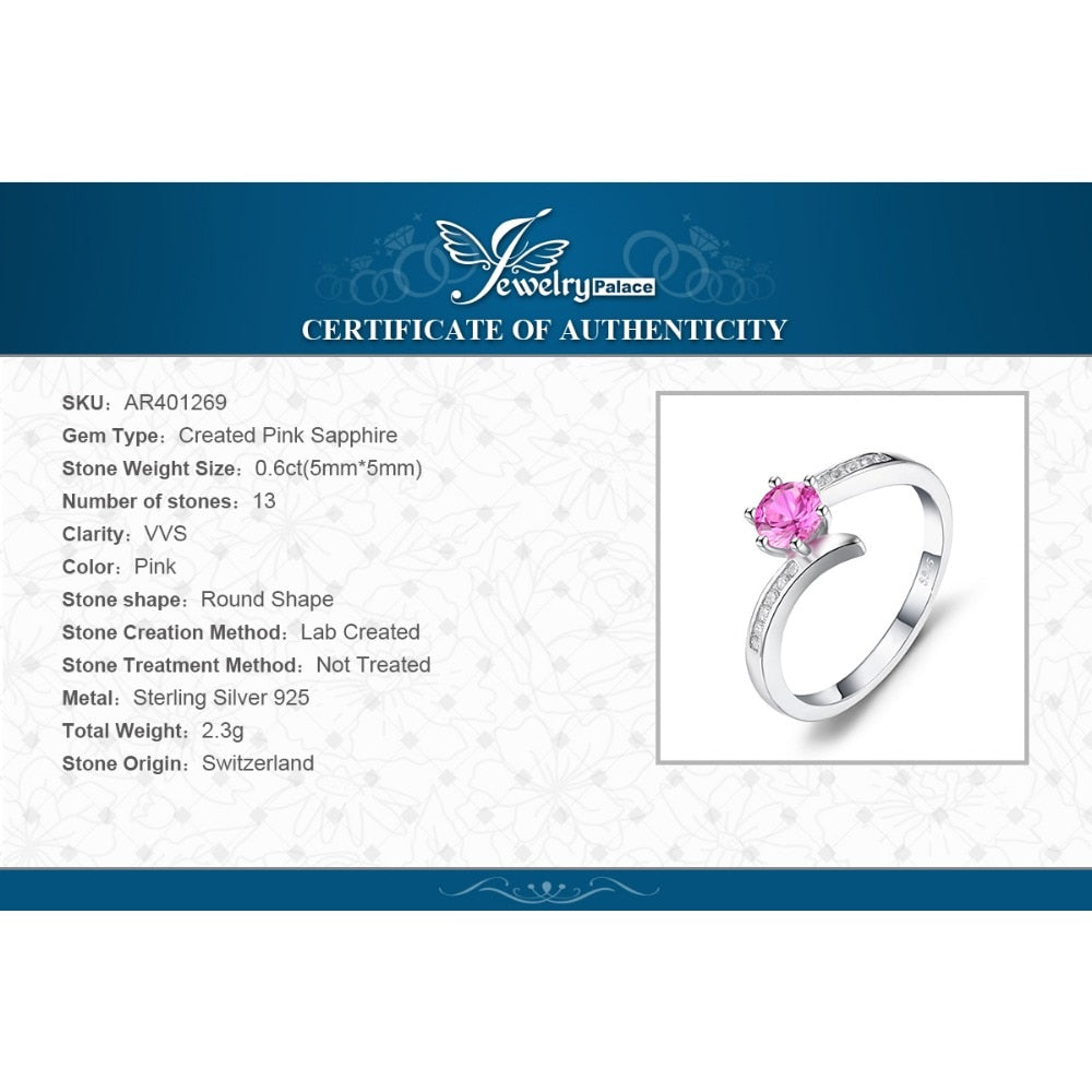 JewelryPalace Created Pink Sapphire 925 Sterling Silver Solitaire Engagement Ring for Woman Wedding Party Jewelry Fashion Gift