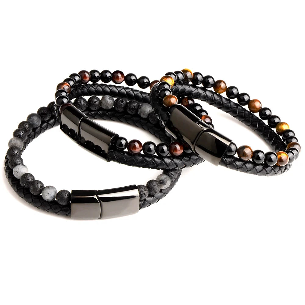 Natural Stone Bracelet Genuine Leather Braided Bracelets Black Stainless Steel Magnetic Clasp Tiger eye Bead Bangle Men Jewelry