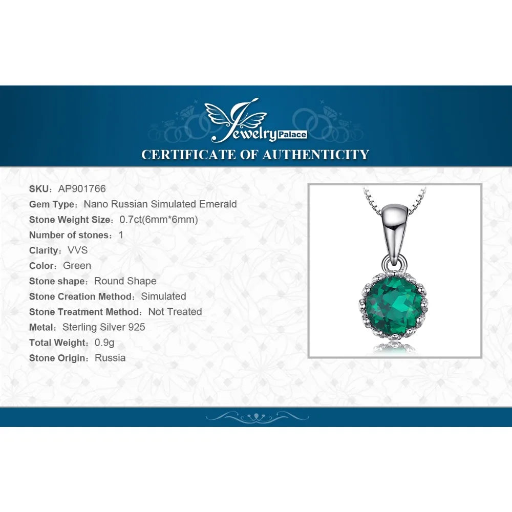 JewelryPalace Round Simulated Nano Emerald 925 Sterling Silver Pendant Necklace for Women Fashion Gemstone Jewelry Without Chain