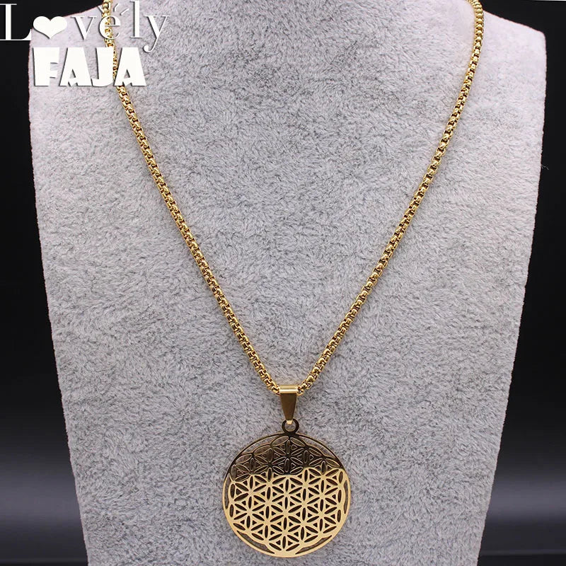 Fashion Flower of Life Stainless Steel Long Necklace for Women Gold Color Necklaces Jewelry sautoir femme long acier inoxydable