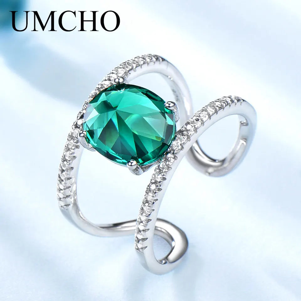 UMCHO Green Emerald Gemstone Rings For Women Solid 925 Sterling Silver Ring Silver Wedding Engagement Band Fine Jewelry Gift