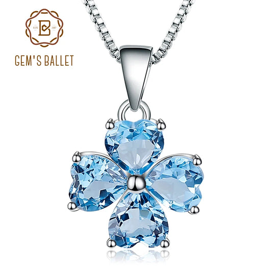 GEM'S BALLET 0.95ct Natural Swiss Blue Topaz Clover Design Solid 585 14K 10K 18K Gold 925 Silver Pendant Necklace For Women Gift
