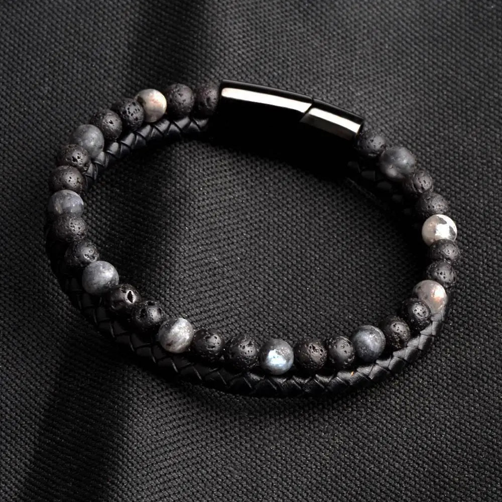 Natural Stone Bracelet Genuine Leather Braided Bracelets Black Stainless Steel Magnetic Clasp Tiger eye Bead Bangle Men Jewelry