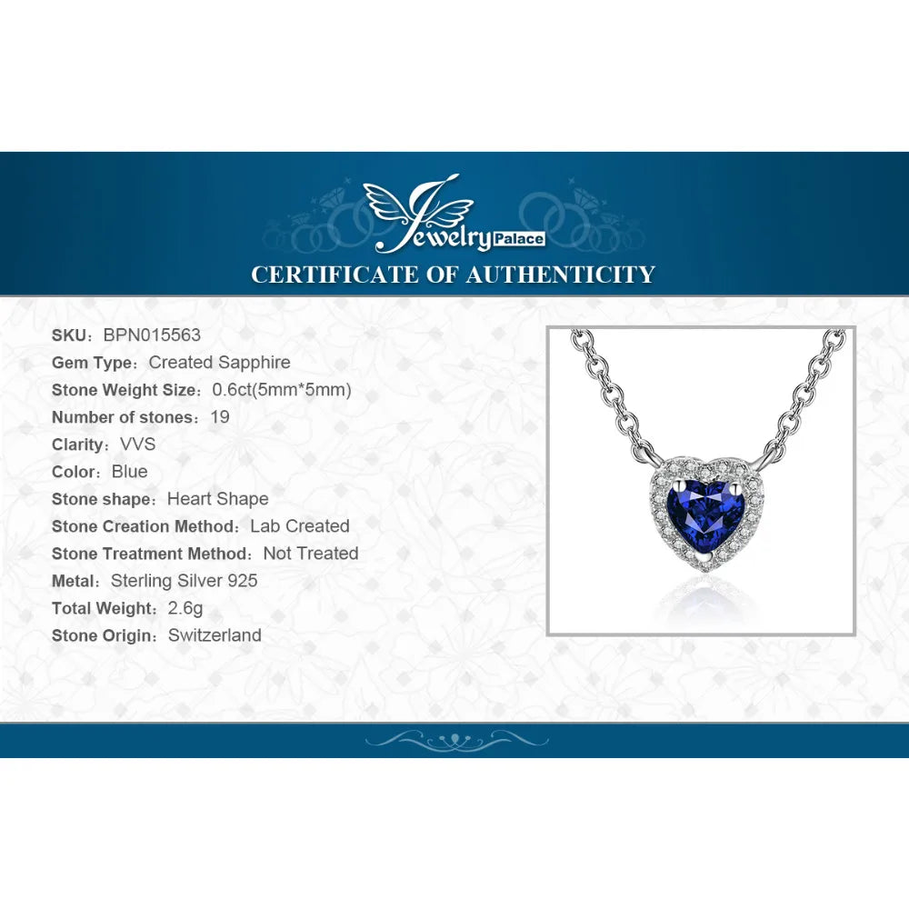 JewelryPalace Heart Created Blue Sapphire 925 Sterling Silver Pendant Necklace for Woman Gemstone Fine Jewelry Fashion Gift 45cm