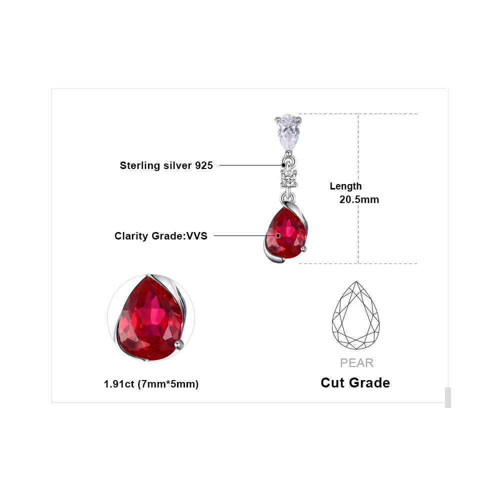 JewelryPalace 1.9ct Pear Created Red Ruby 925 Sterling Silver Drop Earrings for Woman Fashion Gemstone Jewelry Anniversary Gift